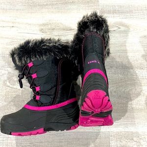 Kamik Girls Winter Boots Black Pink Fur Trim Fur Lined Pull On Size 12 EUC WARM